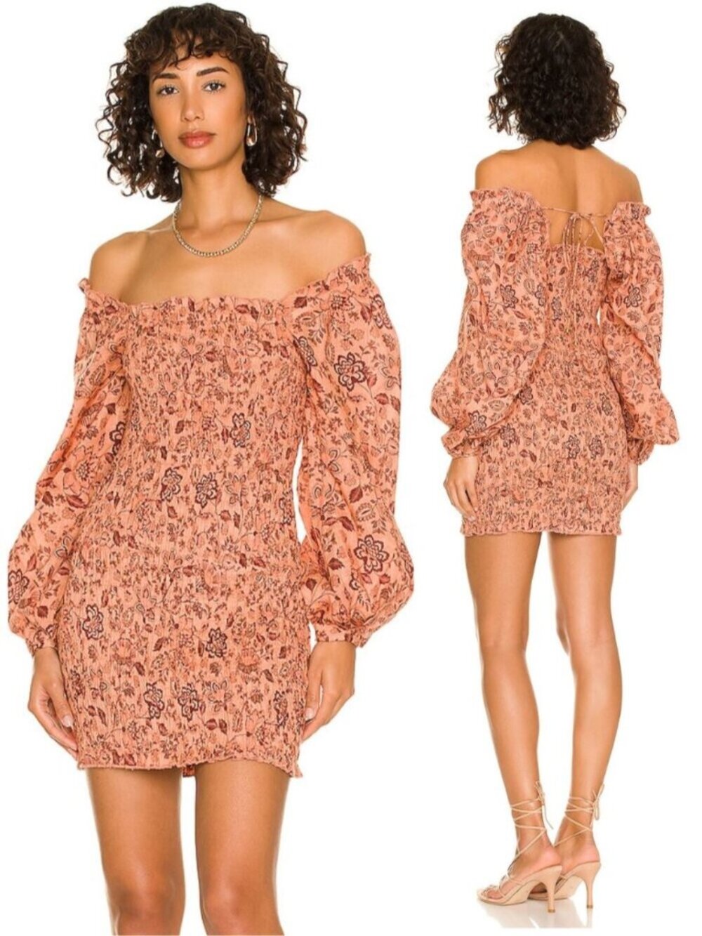 FREE PEOPLE Smock It To Me Mini Dress Size Medium Apricot Combo